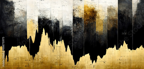 Generative AI, Black and golden watercolor abstract stock market charts painted background. Ink black street graffiti art on a textured paper vintage background, washes and brush strokes photo