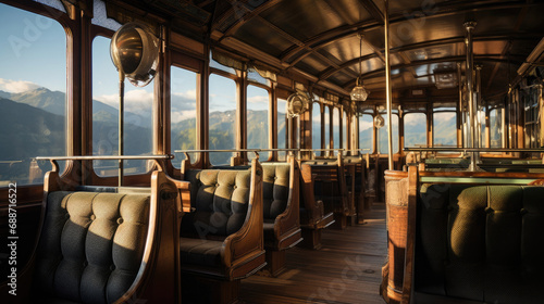 Vintage funicular railway car with wooden benches circular windows and the aroma of aged wood