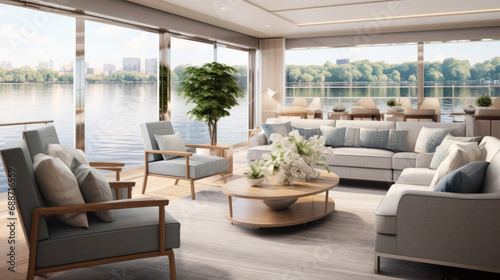 Luxurious river cruise boat lounge with panoramic views soft blues and plush seating © javier