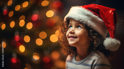 Child in Santa hat mesmerized by Christmas tree enchanting atmosphere fairy lights