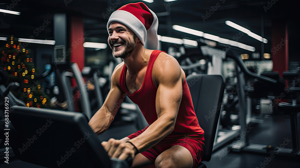 Joyful fitness enthusiast in Santa hat working out in brightly lit gym