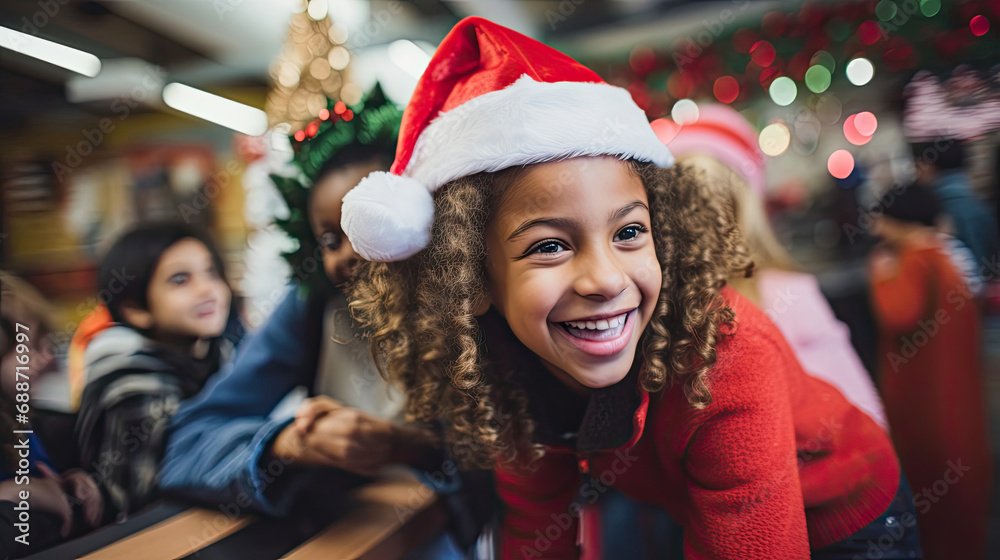 Joyful teacher in Santa hat engaging students in vibrant classroom Joyful teacher in Santa hat engaging students in vibrant classroom