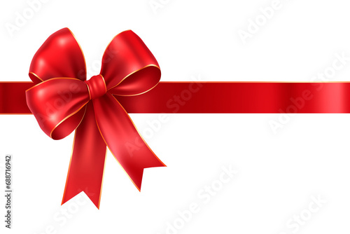 Red ribbon with bow , border for a birthday or Christmas banner, border isolated on white and transparent background