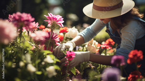 Joyful gardener tending vibrant flowers in sun-drenched garden