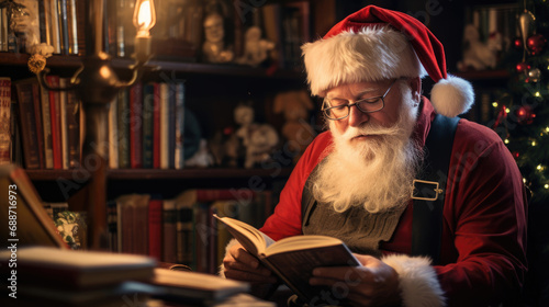 Contented book lover in Santa hat reading by lamplight surrounded by books