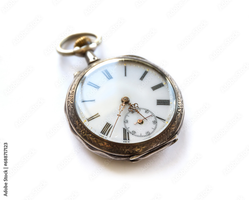 Pocket watch with shadow isolated on white background
