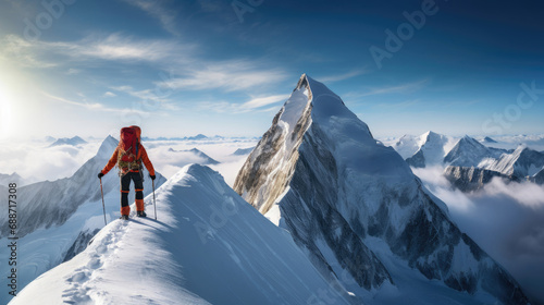 Contented mountain climber conquers peak breathtaking views of snow-covered summits
