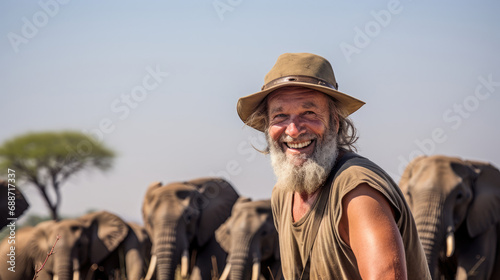 Jubilant wildlife conservationist observes elephants  sun-drenched African savannah © javier