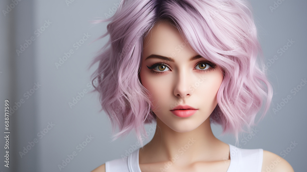Portrait of asian woman with pink color hair, at the studio white grey background. Skincare concept, wellness of face skin.
