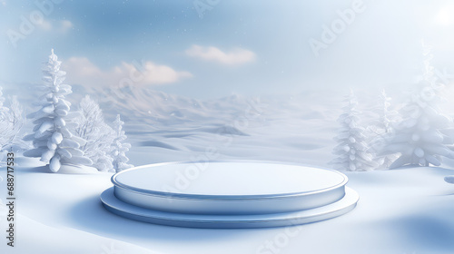 Winter landscape with podium and snowy mountains. Christmas and New Year background.