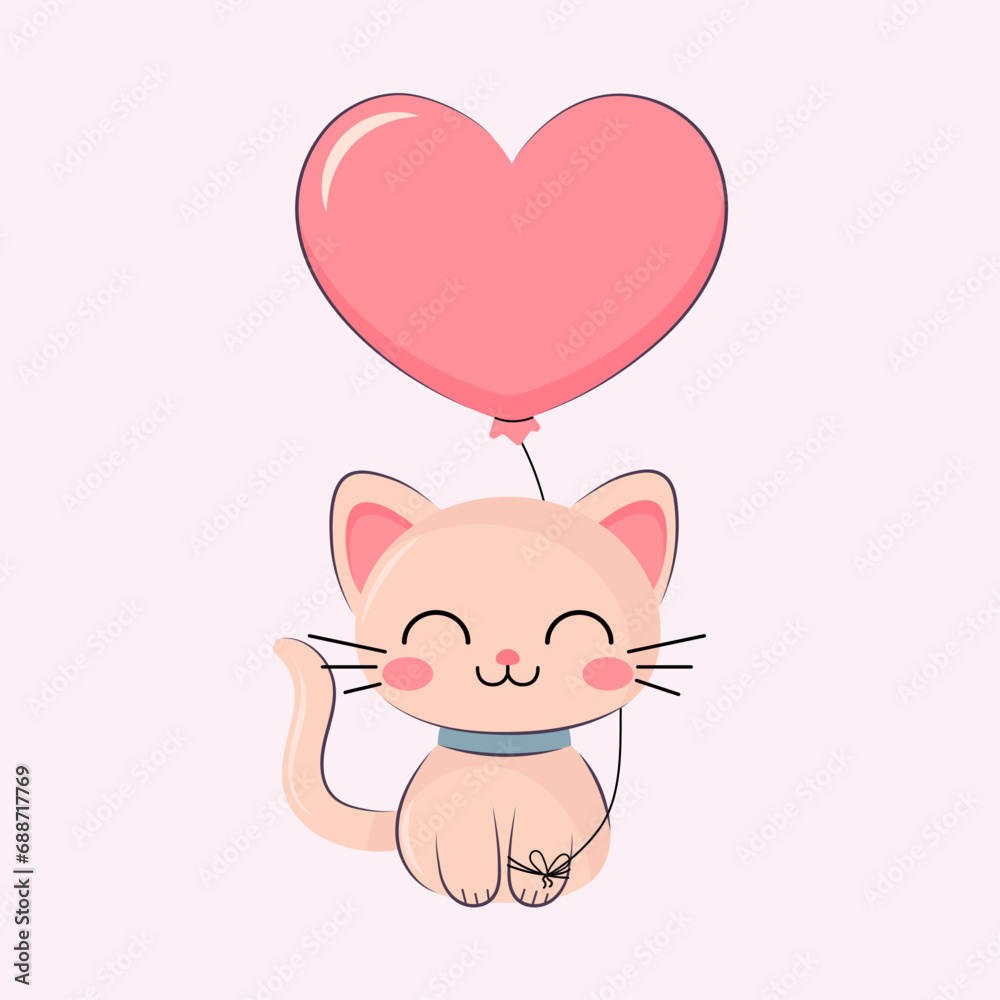 Cute cat with a heart shaped balloon. Happy Valentine's Day greeting card. Cat cartoon character in love Cute cat with a heart shaped balloon. Happy Valentine's Day greeting card. Cat cartoon character in love