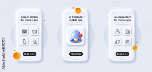 Star, Victory hand and 360 degree line icons pack. 3d phone mockups with bell alert. Glass smartphone screen. Delivery, Like, Find user web icon. Boxes shelf, Moisturizing cream pictogram. Vector