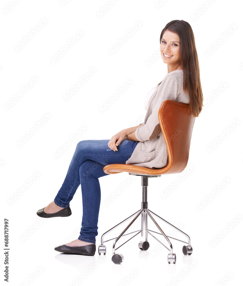 Woman, chair and smile in portrait, relaxing and confidence in studio, fashion and white background. Female person, face and pride for stylish clothing, casual trend and natural beauty in mockup Woman, chair and smile in portrait, relaxing and confidence in studio, fashion and white background. Female person, face and pride for stylish clothing, casual trend and natural beauty in mockup