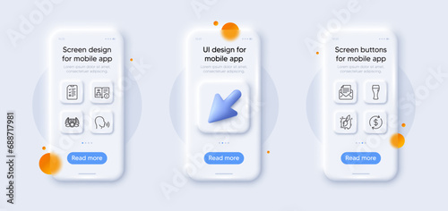 Beer glass, Human sing and Laureate medal line icons pack. 3d phone mockups with cursor. Glass smartphone screen. Usd exchange, Interview, Technical algorithm web icon. Vector