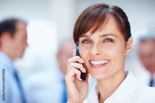 Business woman, phone call and happy portrait in office of a lawyer with confidence and smile. Working and company employee with attorney networking and law firm with discussion of corporate staff