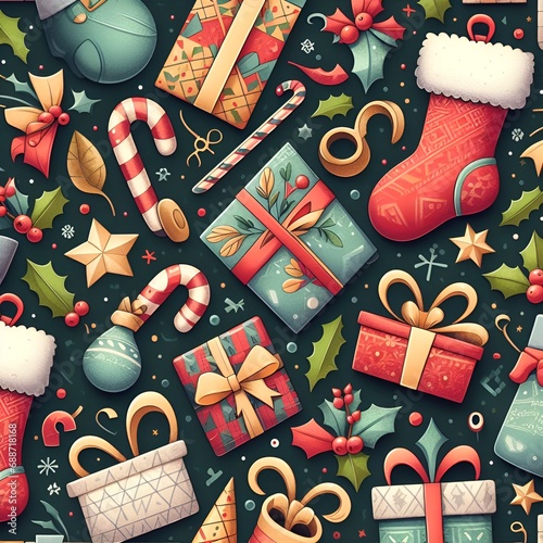 llustrate a seamless pattern with festive elements like candy canes photo