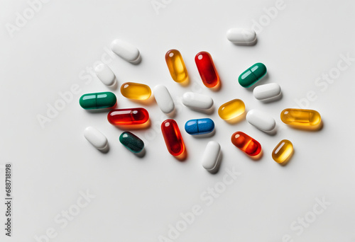 Pills, vitamins, capsules. White background. Top view.
