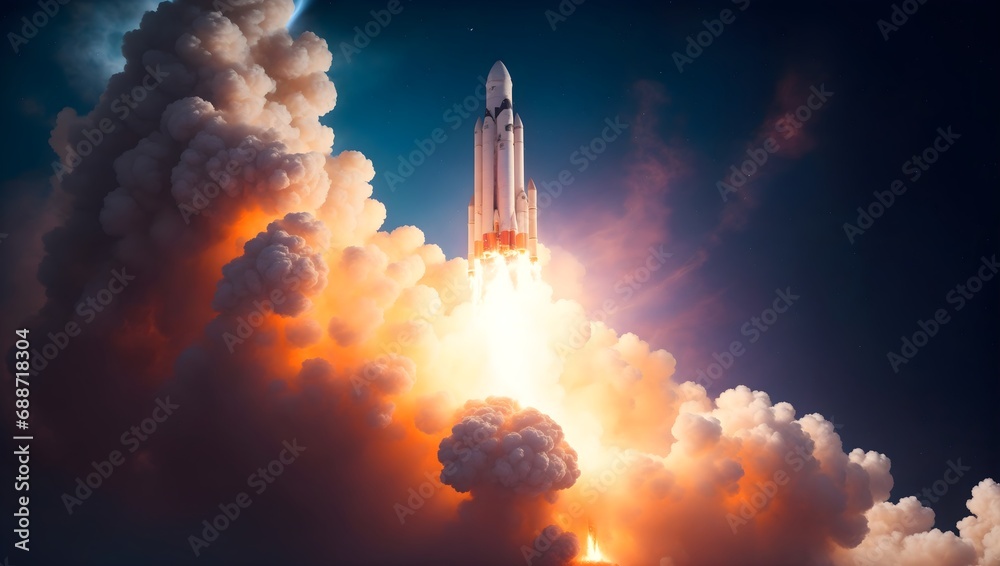 Starting Cosmic Rocket. Space Shuttle Launch. A Spectacular Launch of the Space Shuttle Rocket into the Vastness of Outer Space