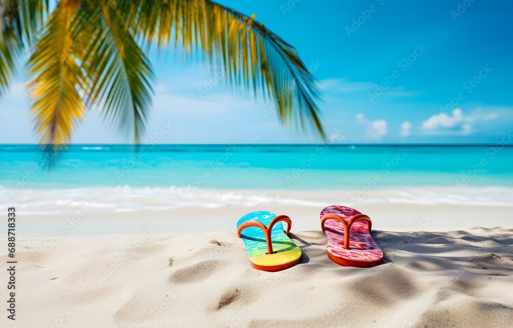 color flip-flops on white beach sand over blue transparent ocean wave background