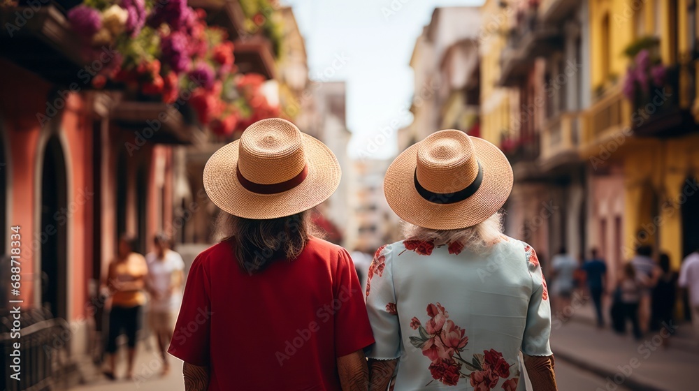 Two women with their backs to themselves wearing hats walking along a modern street