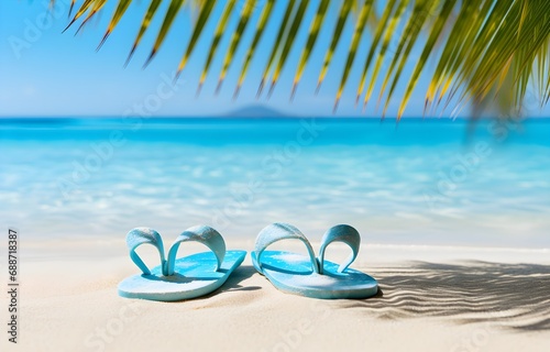 color flip-flops on white beach sand over blue transparent ocean wave background © Oleksiy