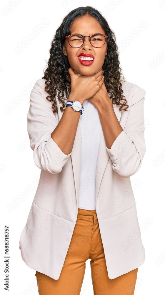 Young african american girl wearing business clothes shouting suffocate because painful strangle. health problem. asphyxiate and suicide concept. Young african american girl wearing business clothes shouting suffocate because painful strangle. health problem. asphyxiate and suicide concept.