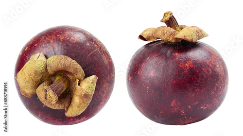 Tropical fruit Mangosteen on white background. Fresh ripe tropical fruit of Thailand. Mangostine isolated. photo