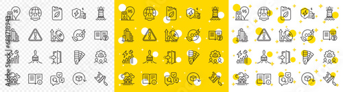 Outline Petrol station, Excise duty and Skyscraper buildings line icons pack for web with Inspect, Building, Brush line icon. Technical info, Co2 gas, Electricity consumption pictogram icon. Vector