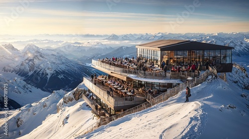restaurant panoramique d'altitude en position dominante au sommet des montagnes enneigées photo
