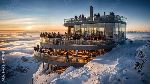 restaurant panoramique d'altitude en position dominante au sommet des montagnes enneigées photo