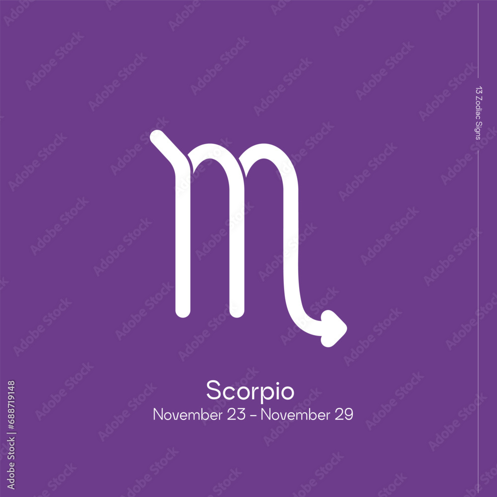 Fototapeta premium The 13 signs of the zodiac. New horoscope. Zodiac sign with binding on lilac background. Zodiacal signs in astrological system. Scorpio.