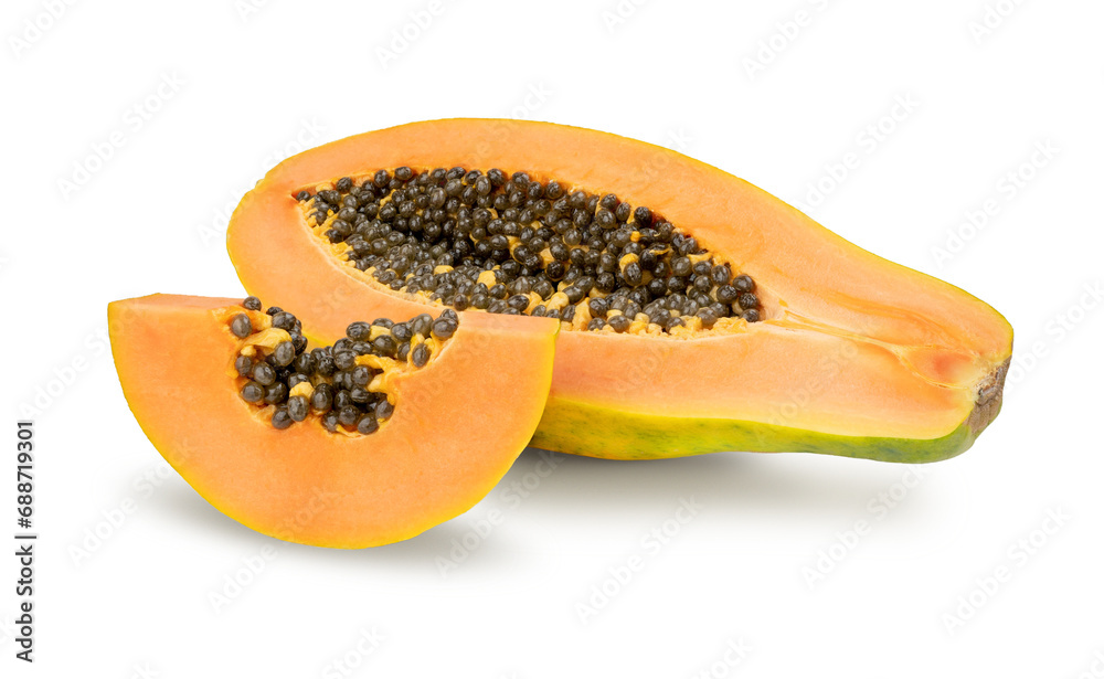 Papaya fruit cut in half isolated on white background. BIO fruits. Papaya fruit cut in half isolated on white background. BIO fruits.