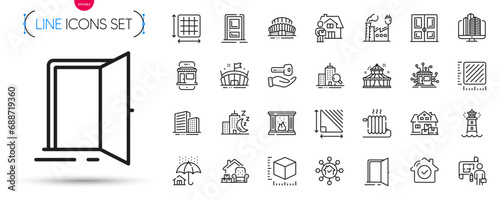 Pack of Circus, Sports stadium and Open door line icons. Include Plan, Entrance, Radiator pictogram icons. Factory, Triangle area, Lighthouse signs. House security, Home facility, Door. Vector