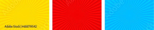 Sun light rays sun pop art Retro vintage style background with red, blue and yellow color. Comic book pop art strip radial backdrop halftone Abstract summer sunny Vintage radial background.