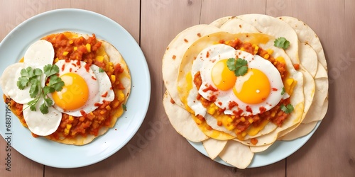 Huevos Rancheros: two fried corn tortillas, topped with fried beans, and two sunny side up eggs all bathed in red hot sauce and decorated with coriander and freshly ground black pepper in plate
