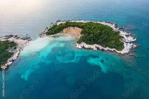 Aerial View of an Island in the Albanian Riviera with a Pedal Boat