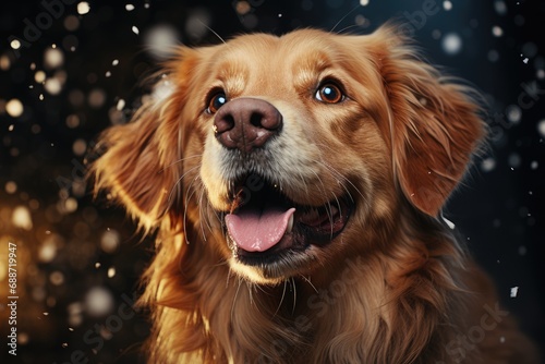 Cute golden retriever dog in snow falling sky scene. Winter Forest Landscape. Christmas Holidays. Christmas Card