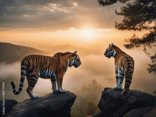 Tiger watching the view of foggy forest from the top of a high rock, sunset, with copy space