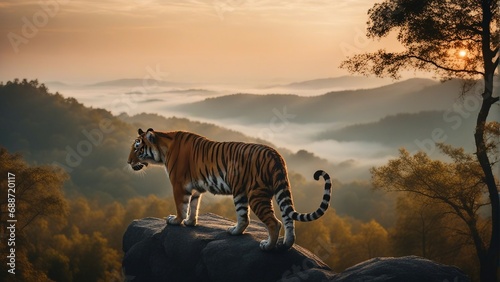 Tiger watching the view of foggy forest from the top of a high rock, sunset, with copy space