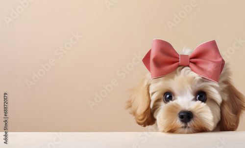 Funny peeking puppy with cute pink bow, beige background with copy space.