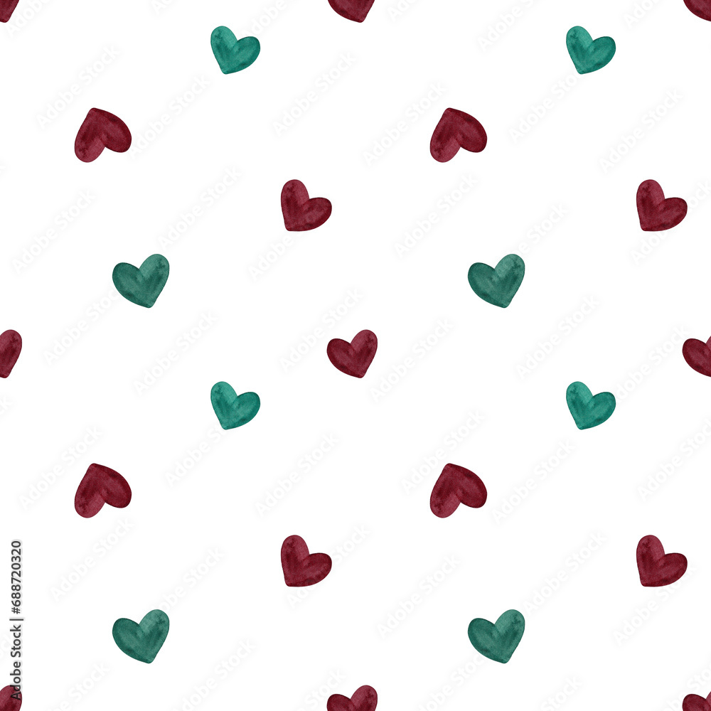 Red and Green watercolor hearts. Christmas decor for cards, fabric, wrapping paper, scrapbooking. Hand painted