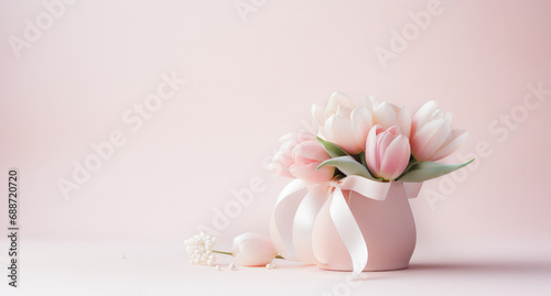 Pink White Tulips in vase on a Pastel Background