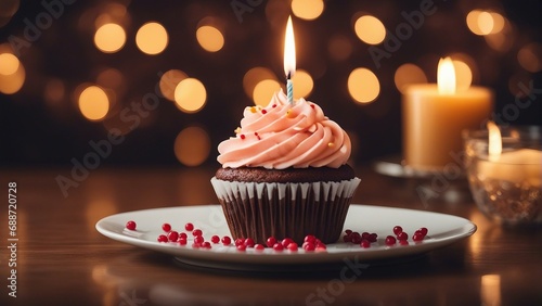 birthday cupcake with candle on it  with copy space 