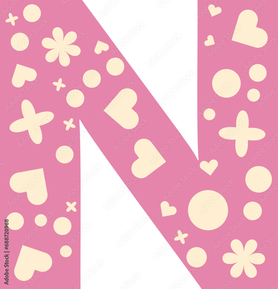 Alphabet heart bloom display, Valentine love pink letter N uppercase