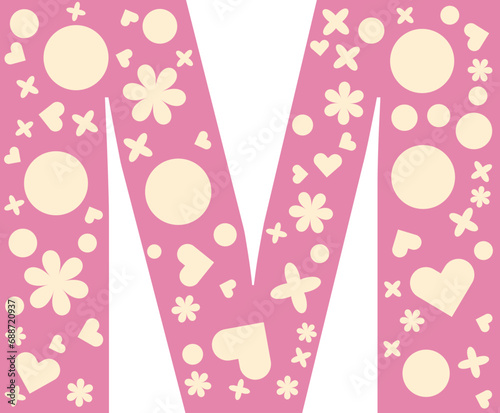 Alphabet heart bloom display, Valentine love pink letter M uppercase