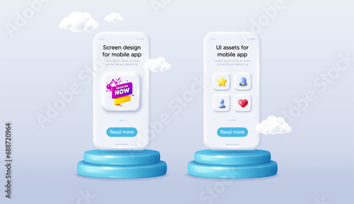Register now paper banner. Phone mockup on podium. Product offer 3d pedestal. Free registration tag. Megaphone message icon. Background with 3d clouds. Register now promotion message. Vector