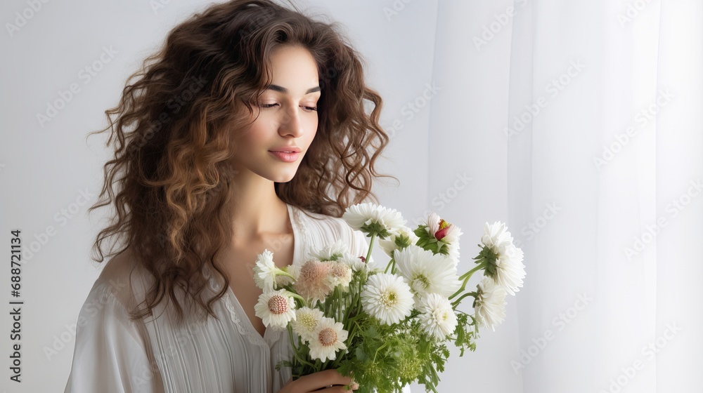 A beautiful woman is observing a group of flowers on a white background.