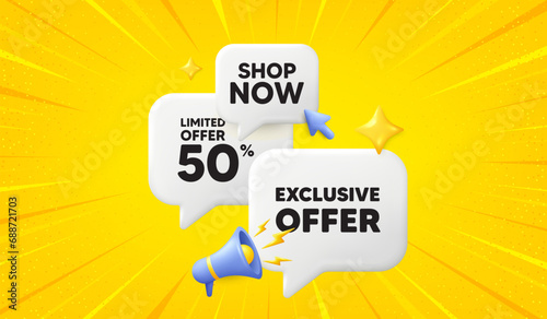 Exclusive offer tag. 3d offer chat speech bubbles. Sale price sign. Advertising discounts symbol. Exclusive offer speech bubble 3d message. Talk box megaphone banner. Vector photo
