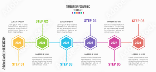 Yearly business timeline infographic template design and Presentation business can be used for Business concept with 6 options, steps or processes