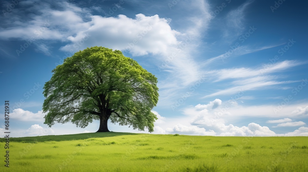 Obraz premium A tree that is beautiful stands tall in a grassy field with a treeline in the background.